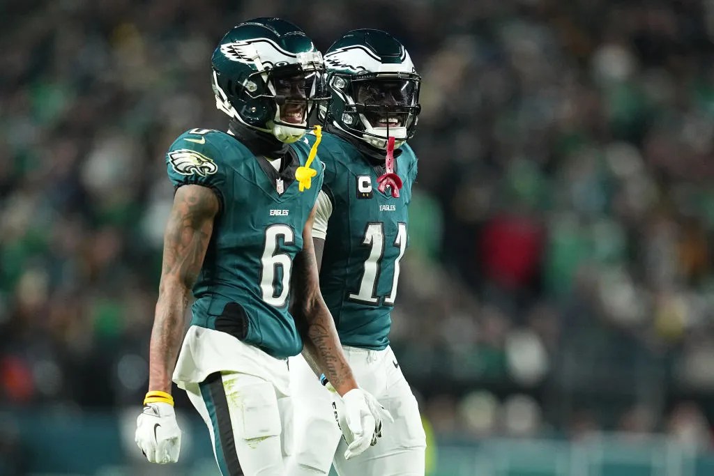 PHILADELPHIA, PENNSYLVANIA - DECEMBER 15: DeVonta Smith #6 and A.J. Brown #11 of the Philadelphia Eagles react during the second quarter against the Pittsburgh Steelers at Lincoln Financial Field on December 15, 2024 in Philadelphia, Pennsylvania. 